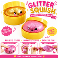 2 Pack Mini Dumpling Squishy Fidget Toys - Glitter & Bead Filled Stress Balls - Soft Slow Rising TPR Smiley Squeeze Toy - Tear-Resistant Sensory Toy for Stress Relief - Party Favors (Pink & Gold)