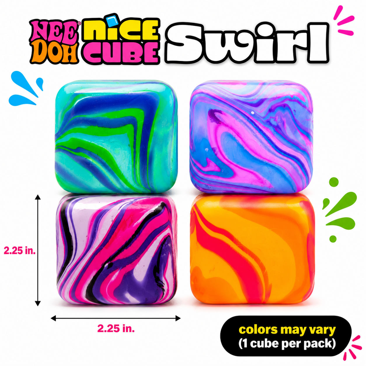 Kiddo Toy World NeeDoh Nice Cube Swirl - Sensory Toy with a Super Solid Squish - Stress Cubes Unique, Swirling Color Blend - Color May Vary (1 Per Pack)