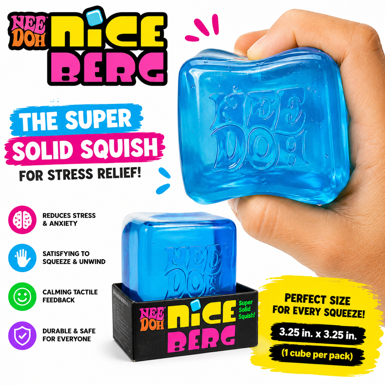Kiddo Toy World NeeDoh Nice Berg - Giant NeeDoh Nice Cube - Squishy Fidget - Stress Cube - Stress Relief - Sensory Squeeze Toy with a Super Solid Squish (Pack of 1)
