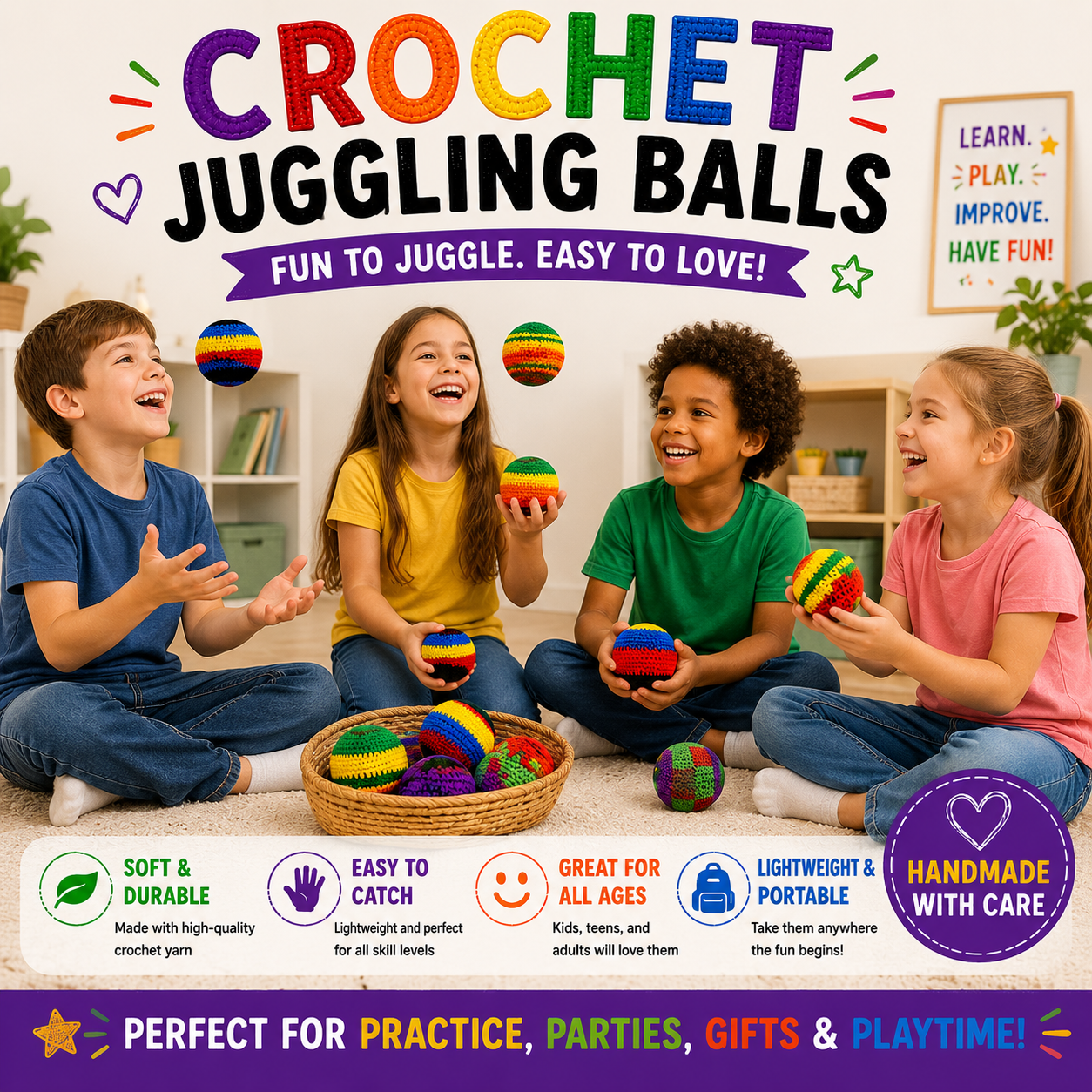 Hand-Made Knitted Footbags Set(Random 6PCS) - Colorful Crochet Foot Bag Kick Balls for Adults and Beginners - Small Kick Sack for Juggling Practice, Indoor Outdoor Games - Party Favors and Group Play