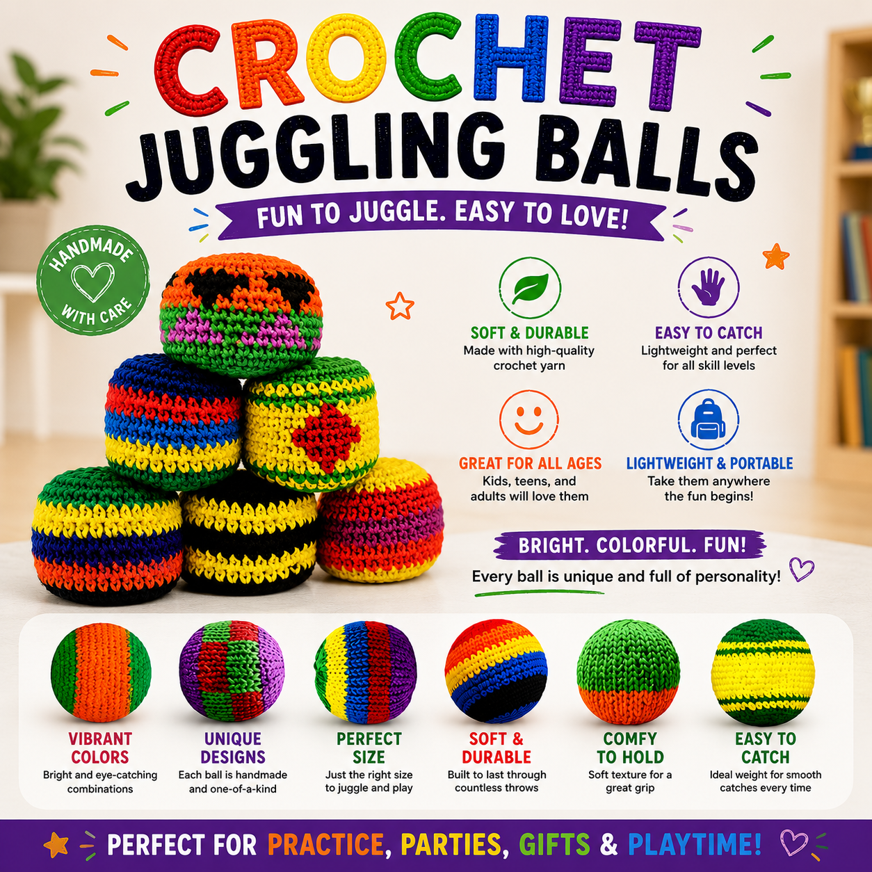 Hand-Made Knitted Footbags Set(Random 6PCS) - Colorful Crochet Foot Bag Kick Balls for Adults and Beginners - Small Kick Sack for Juggling Practice, Indoor Outdoor Games - Party Favors and Group Play