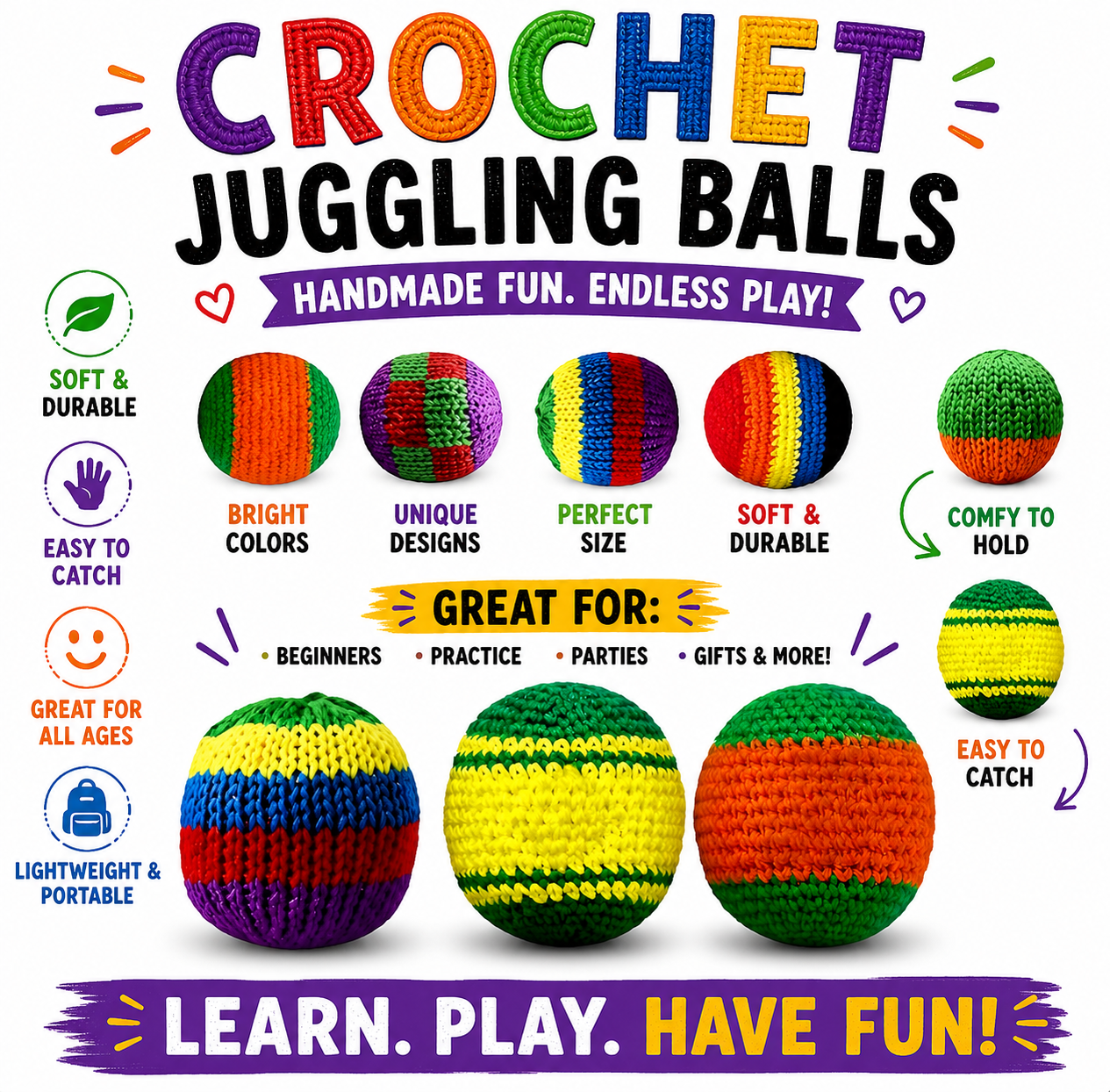 Hand-Made Knitted Footbags Set(Random 6PCS) - Colorful Crochet Foot Bag Kick Balls for Adults and Beginners - Small Kick Sack for Juggling Practice, Indoor Outdoor Games - Party Favors and Group Play