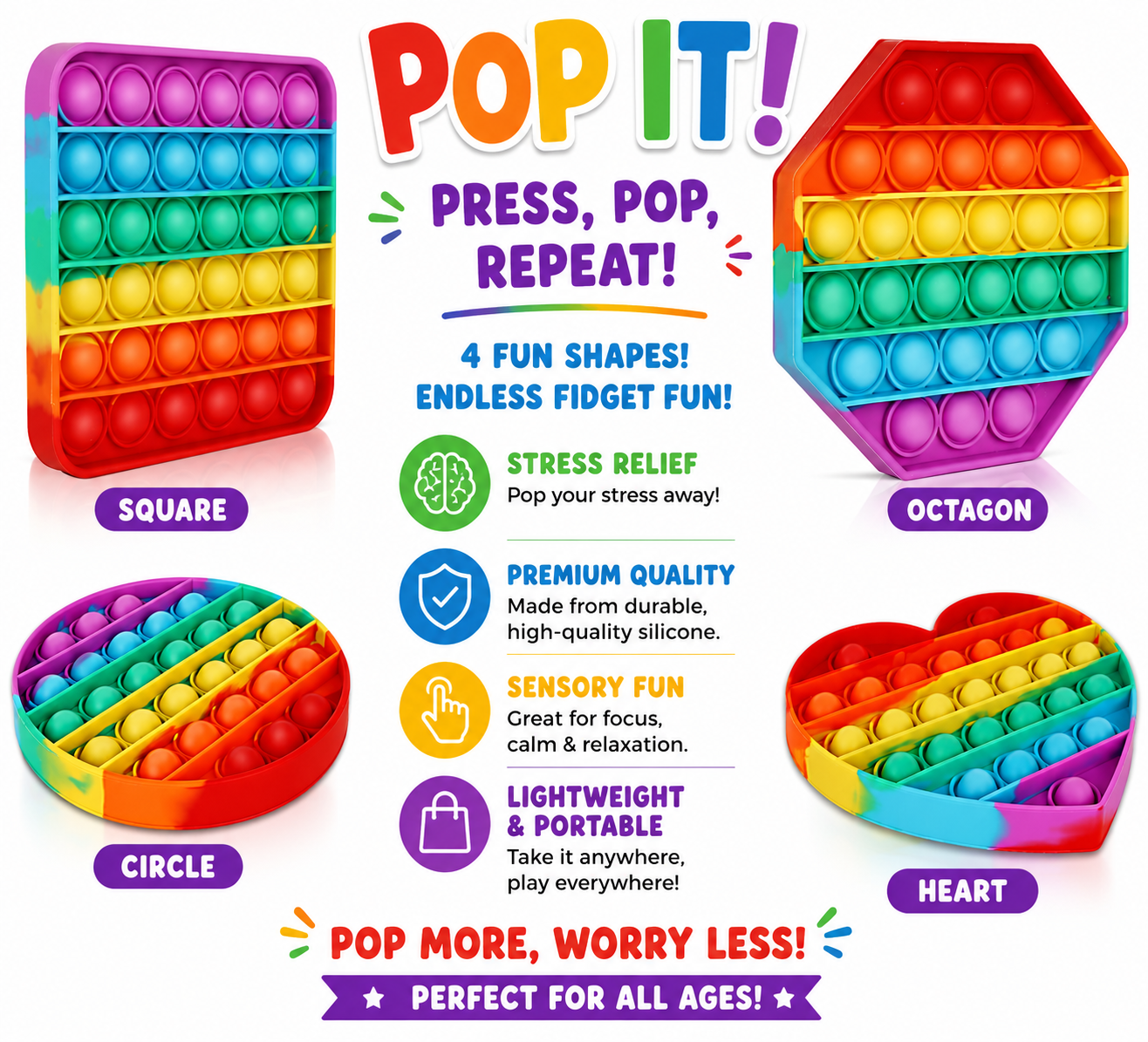 4 Pack Rainbow Pop it Fidget Toy - Bubble Sensory Toy for Kids and Adults - Stress Reliever - 4 Shapes Poppers - Heart - Circle - Octagon - Square Pressure Relieving