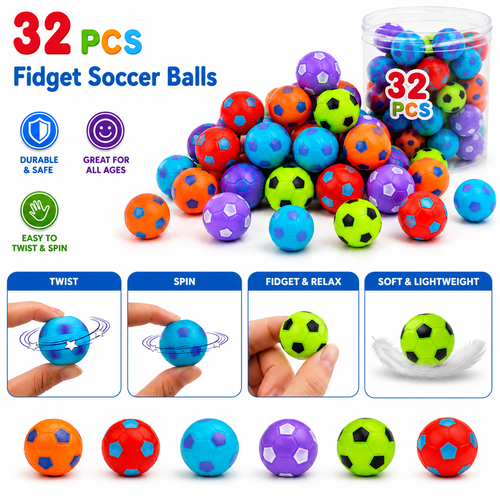 32PCS Fidget Spinner Balls Soccer World Cup Party Favors Bulk for Kids 4-8 8-12 Goodie Treat Bag Stuffers Classroom Treasure Toys Carnival Prize Pinata Filler Birthday Trinket Return Gifts