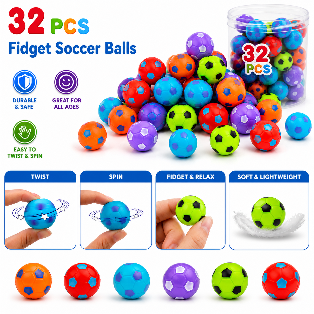 32PCS Fidget Spinner Balls Soccer World Cup Party Favors Bulk for Kids 4-8 8-12 Goodie Treat Bag Stuffers Classroom Treasure Toys Carnival Prize Pinata Filler Birthday Trinket Return Gifts