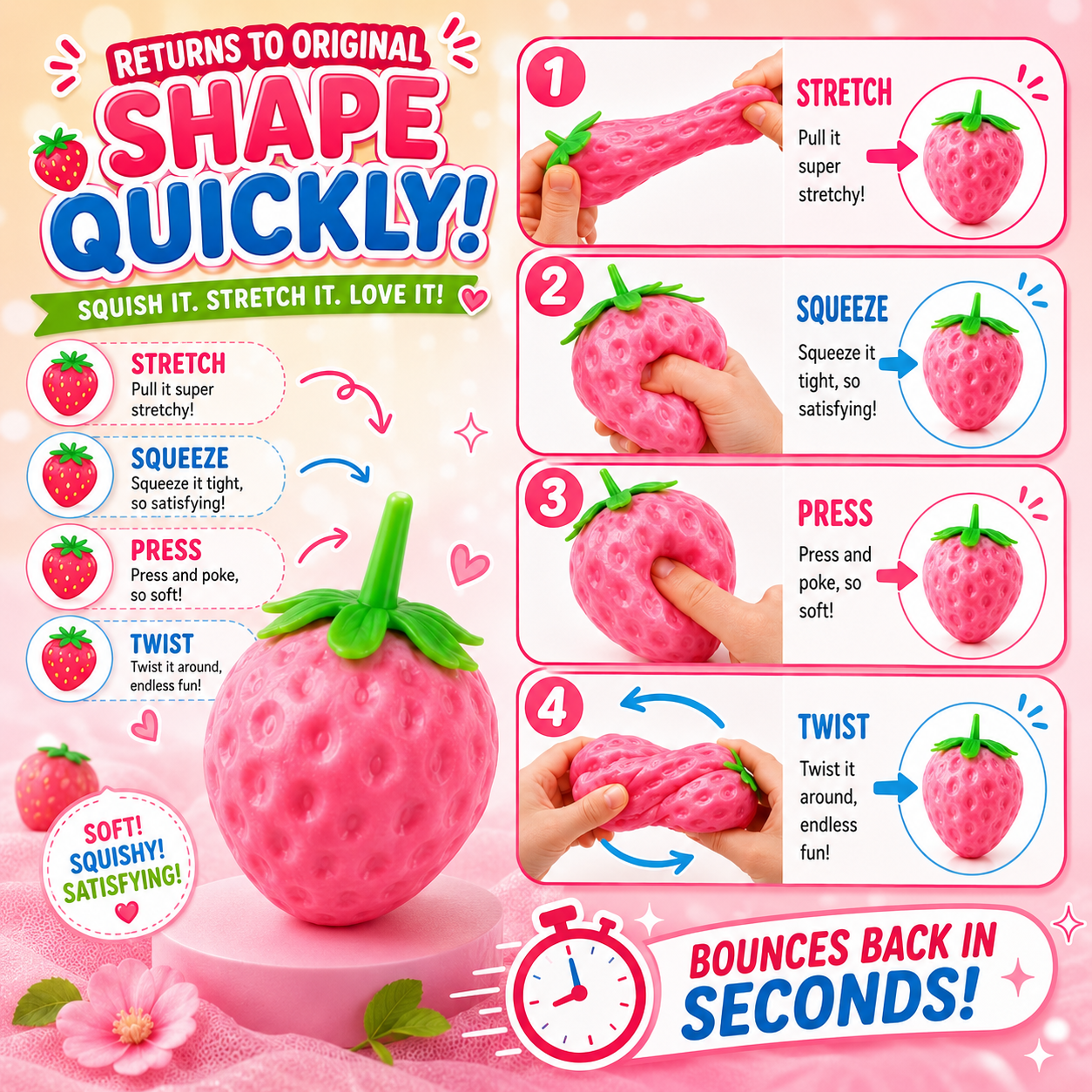 2 Pack UV Color Changing Strawberry Squishy Toys - Soft Slow Rising Fruit Squeeze Stress Balls - Cute Fidget Sensory Toys for Stress Relie - Classroom Rewards Desk Decor