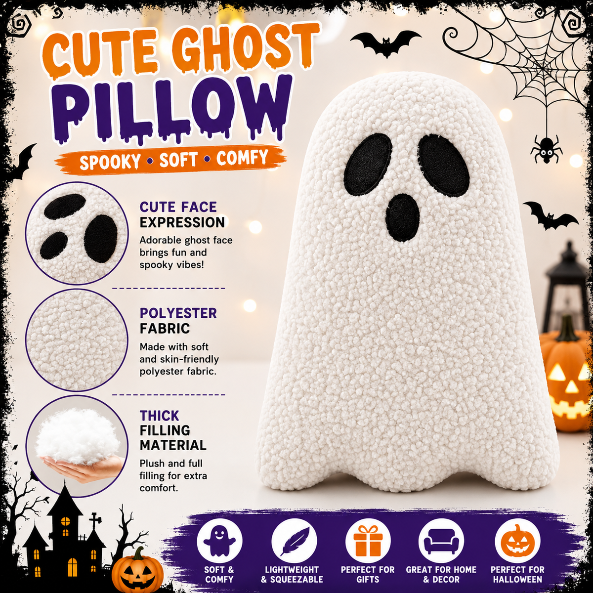 Ghost Pillow-Ghost Decor-Halloween Pillows Set of 2 White Cute Ghost Indoor Decorative Throw Pillow Ghost Plush Pillows for Halloween Decorative Home Sofa Bed Ghost Decor Cushion(11.8 Inch)