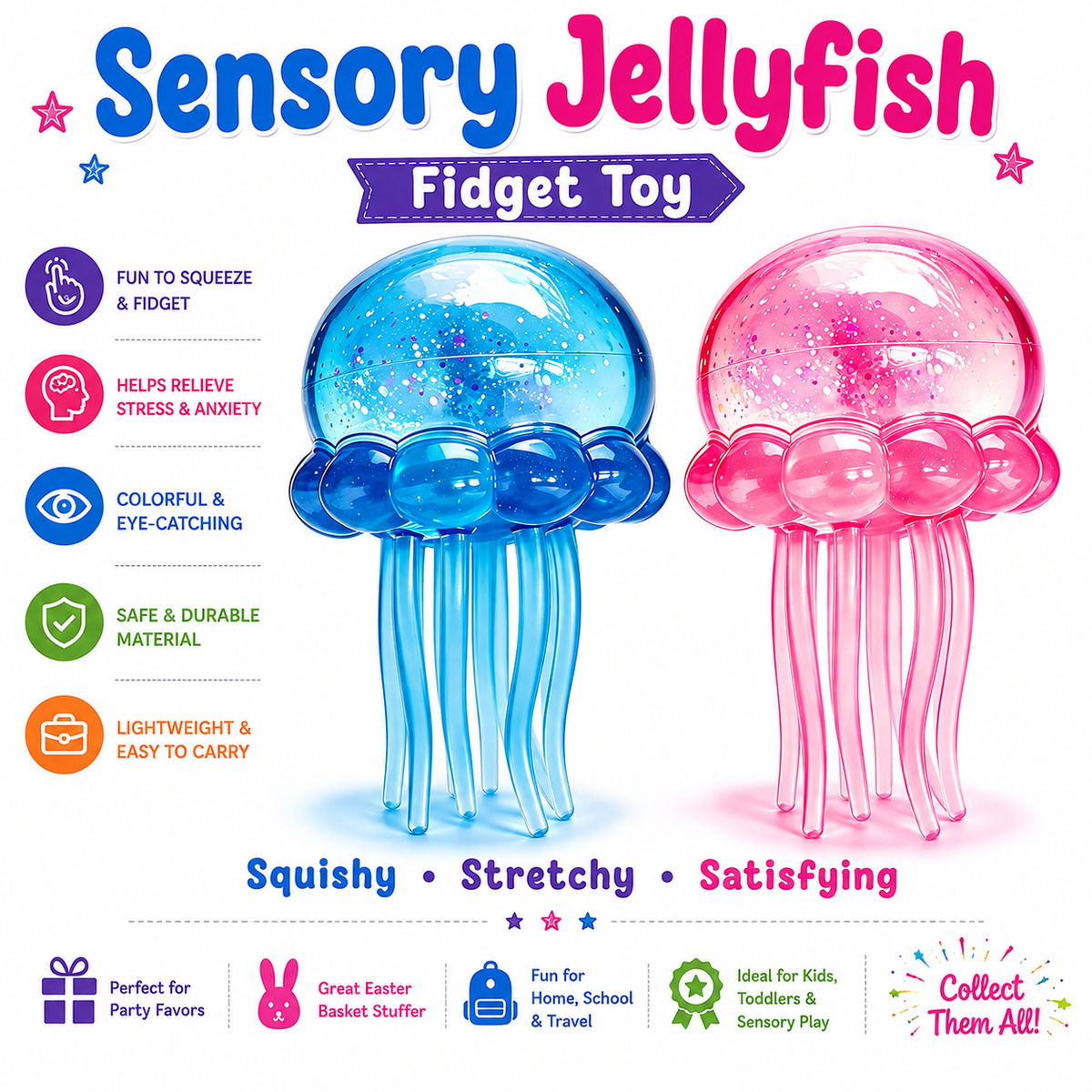 2Pcs Jellyfish Squeeze Toys – Cute Malt Sugar Ball Sensory Fidget Toys