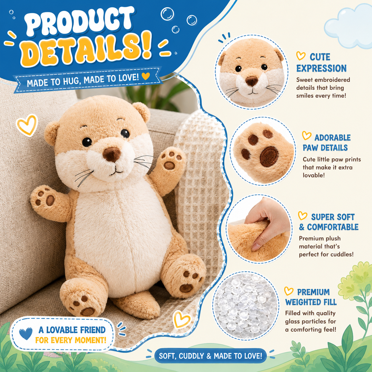 Weighted Otter Stuffed Animal, Realistic Soft Fluffy Brown Otter Plush Toy, Cuddly Plushie Pillow for Kids Adults, Bed Car Home Decor & Gift