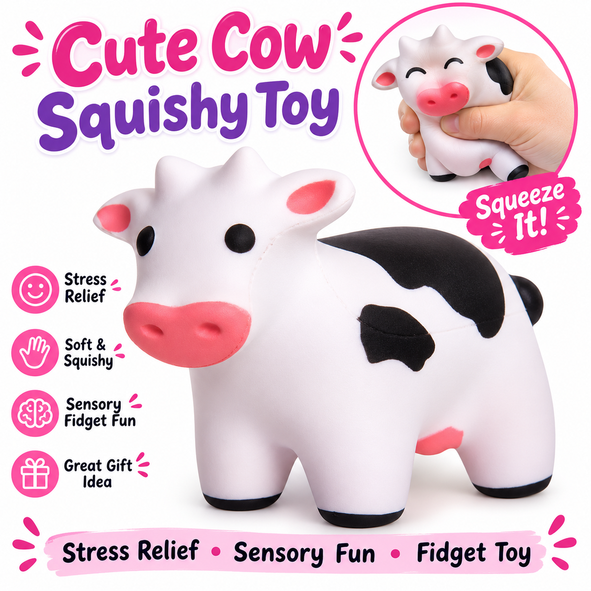 Cute Cow Squishy Squeeze Toy – Soft Sensory Fidget Toy for Kids
