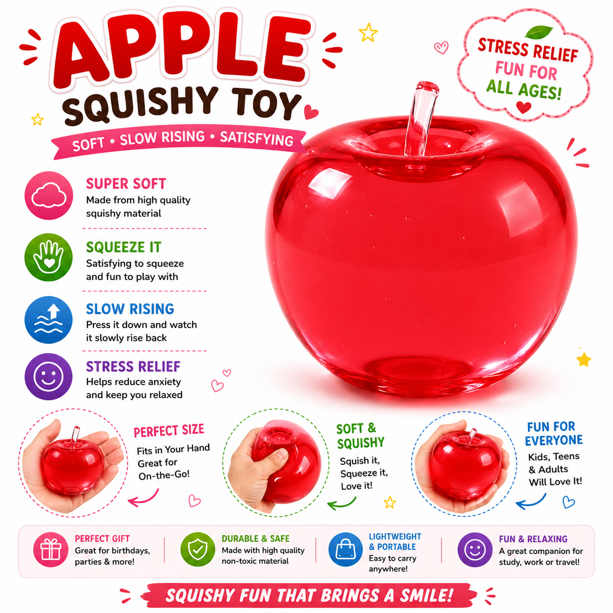 Apple Squishy - Apple Squishies - Cute Sensory Fidget Stress Ball for Anxiety - Classroom Rewards - Party Favors