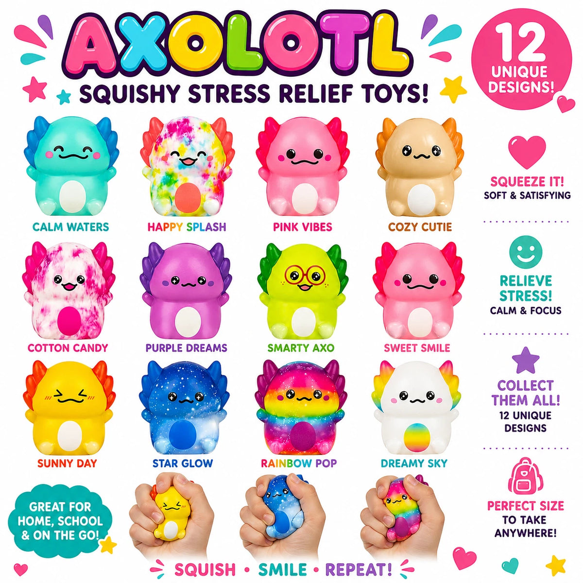 12PC Axolotl Squishy Toys – Soft Slow Rising Stress Relief Sensory Fidget Toys for Kids Girls – Classroom Rewards - Birthday Party Favors - Treasure Box Prizes