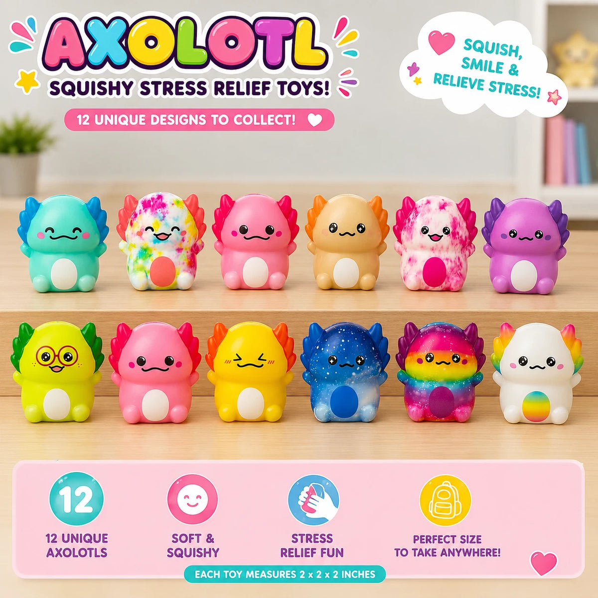 12PC Axolotl Squishy Toys – Soft Slow Rising Stress Relief Sensory Fidget Toys for Kids Girls – Classroom Rewards - Birthday Party Favors - Treasure Box Prizes
