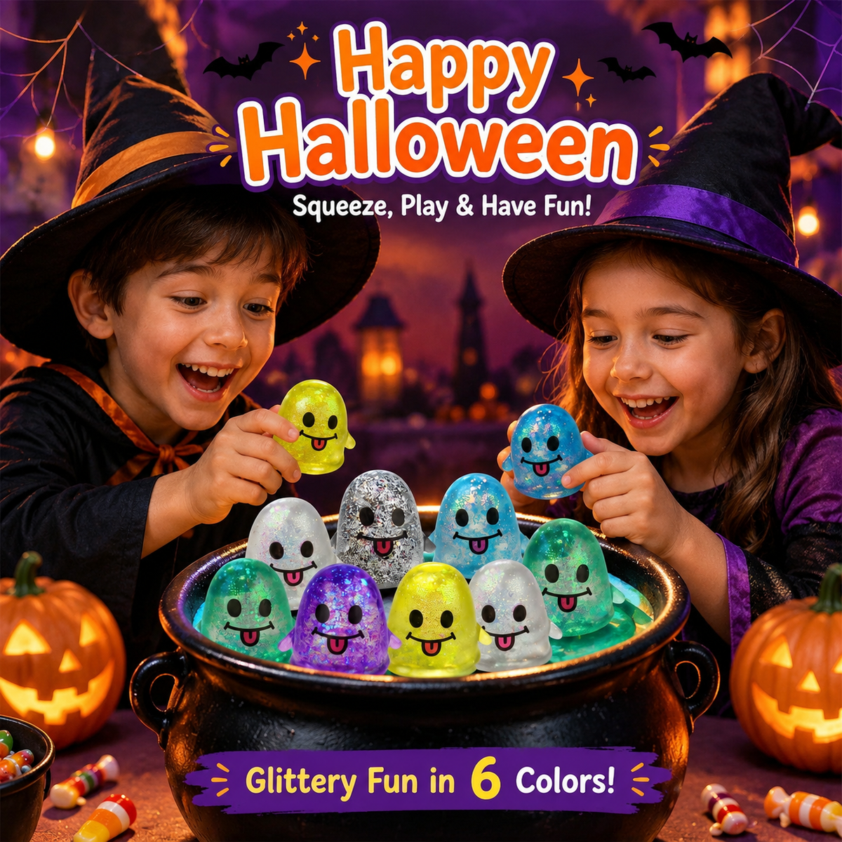6 Pack Halloween Ghost Stress Balls Glitter Squishy Squeeze Toys for Kids Stress Relief Halloween Party Favors Halloween Treat Bags Gifts