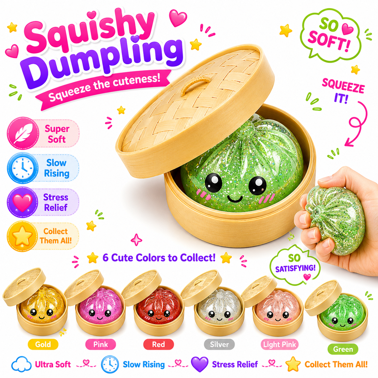 Dumpling Squishy Toys -  Gaint Dumpling Squishy Mystery Box - Assorted Colors - Colorful Squishies Dumplings Stress Balls Toy - Stocking Stuffers with Food Steamer Stretchy Desk Toy