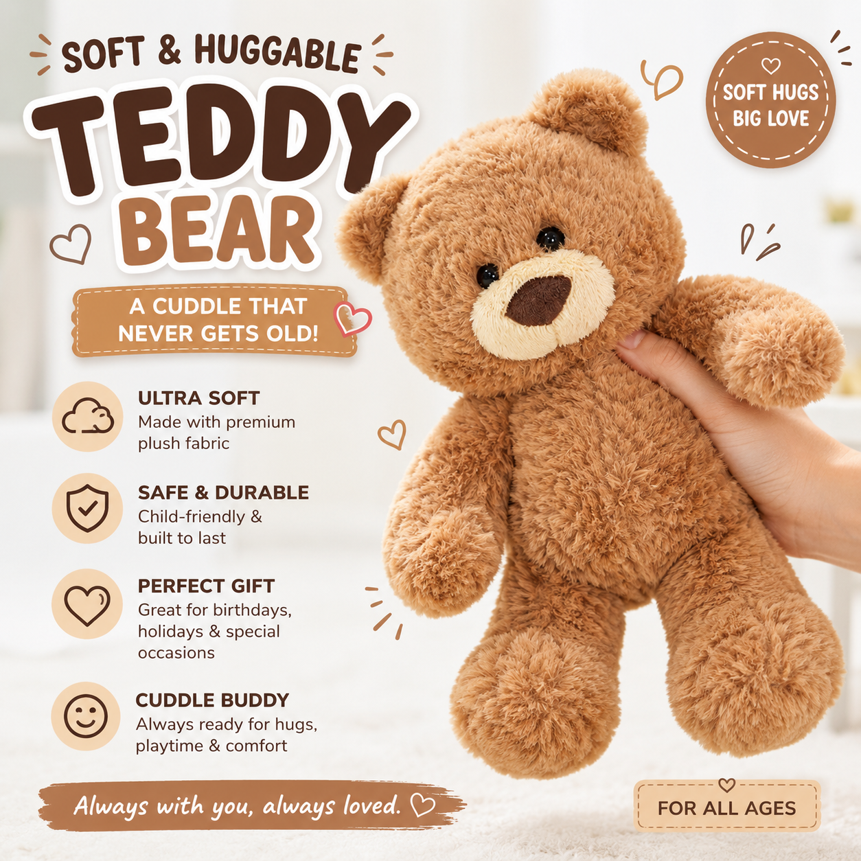 10inch Teddy Bear Stuffed Animal - Soft Teddy Bear Plushie Toys - Birthday Christmas Valentine's Day Gifts for Kid Boys Girls (Brown)