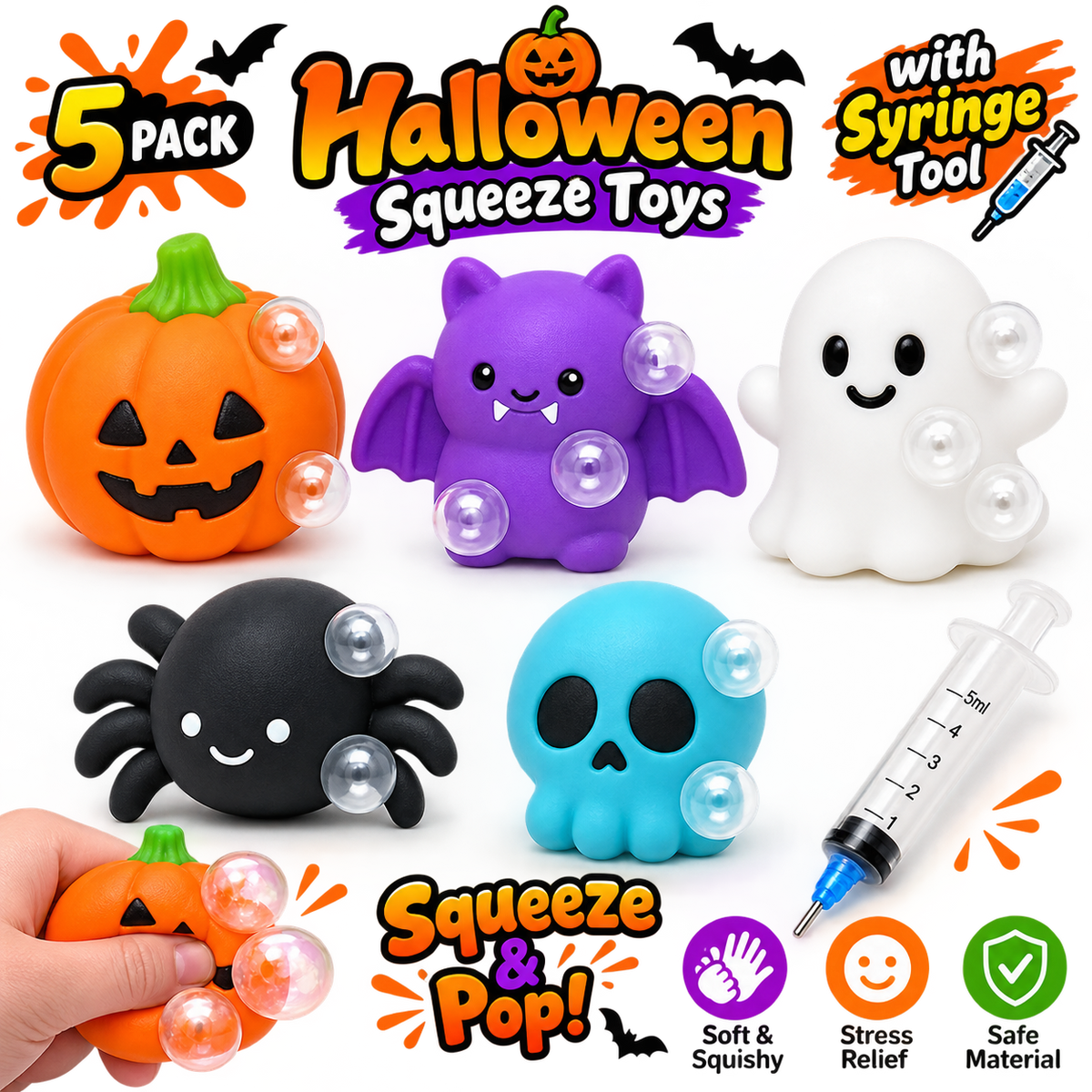 Halloween Pimple Popping Toy Set with Syringe for Squishies -5 Pack Halloween Squishy Needle Air Injection Fidget Toys - Pimple Popper Toy ASMR Sensory Stress Relief Toys - Halloween Party Favors