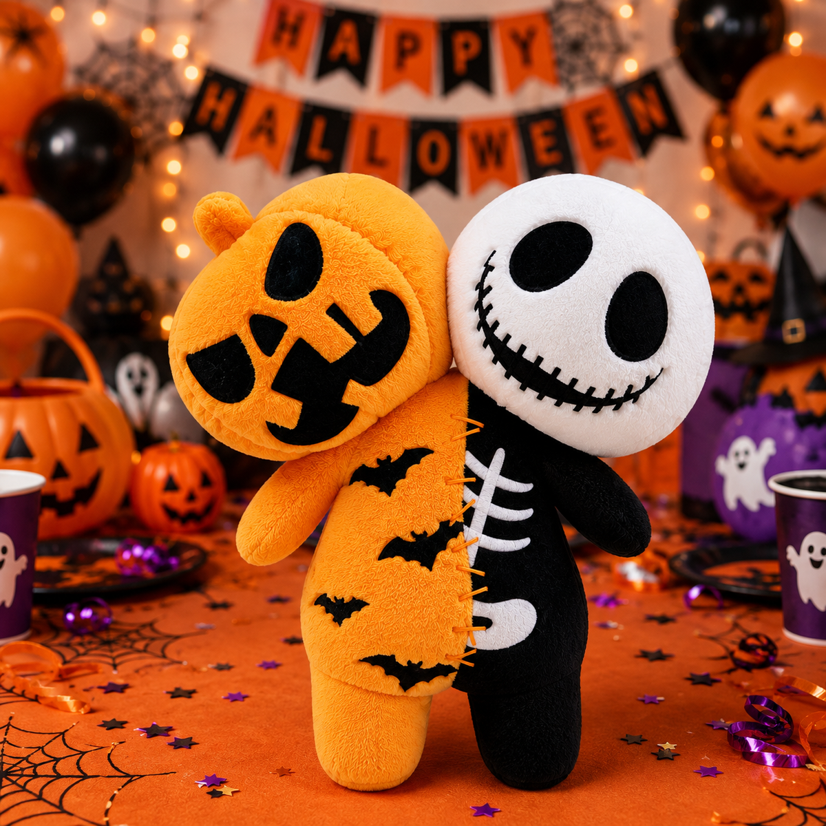 Reversible Halloween Plush 9.8 Inch Pumpkin & Skeleton Dual Head Black
