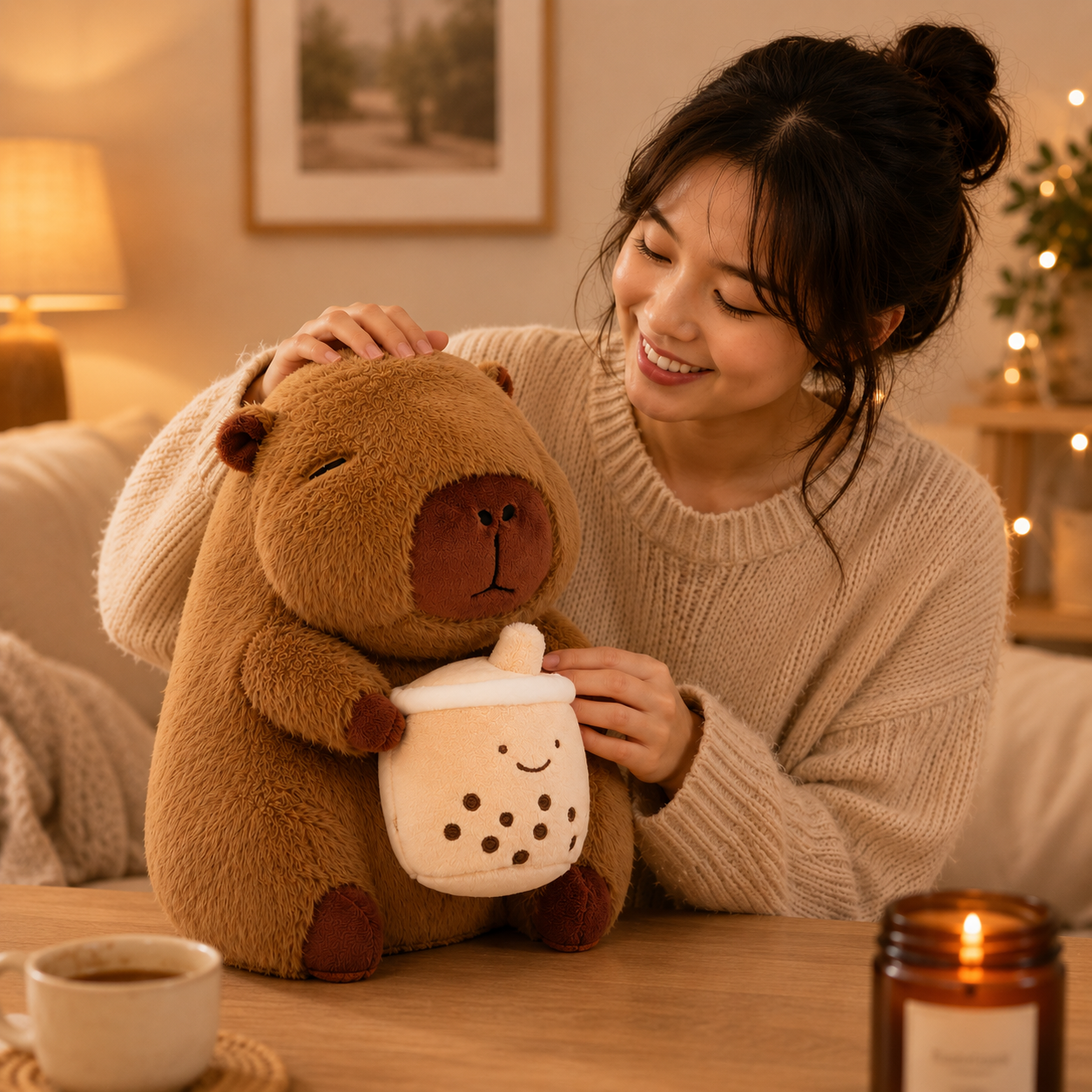 Cute Capybara Plush with Boba - 13-inch Kawaii Capybara Stuffed Animal Pillow Soft Stuffed Plush Toy - Capybara Party Decoration, Kawaii Hugging Gifts for Kids