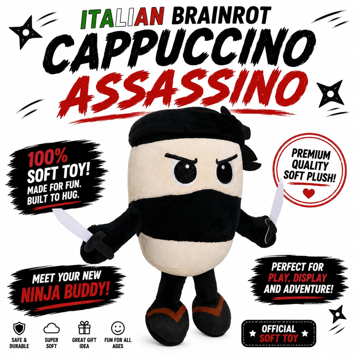 Italian Brainrot Plush - Cappuccino Assassino - Cute Stuffed Figure Doll for Kids and Adults Inspired Plush Toy
