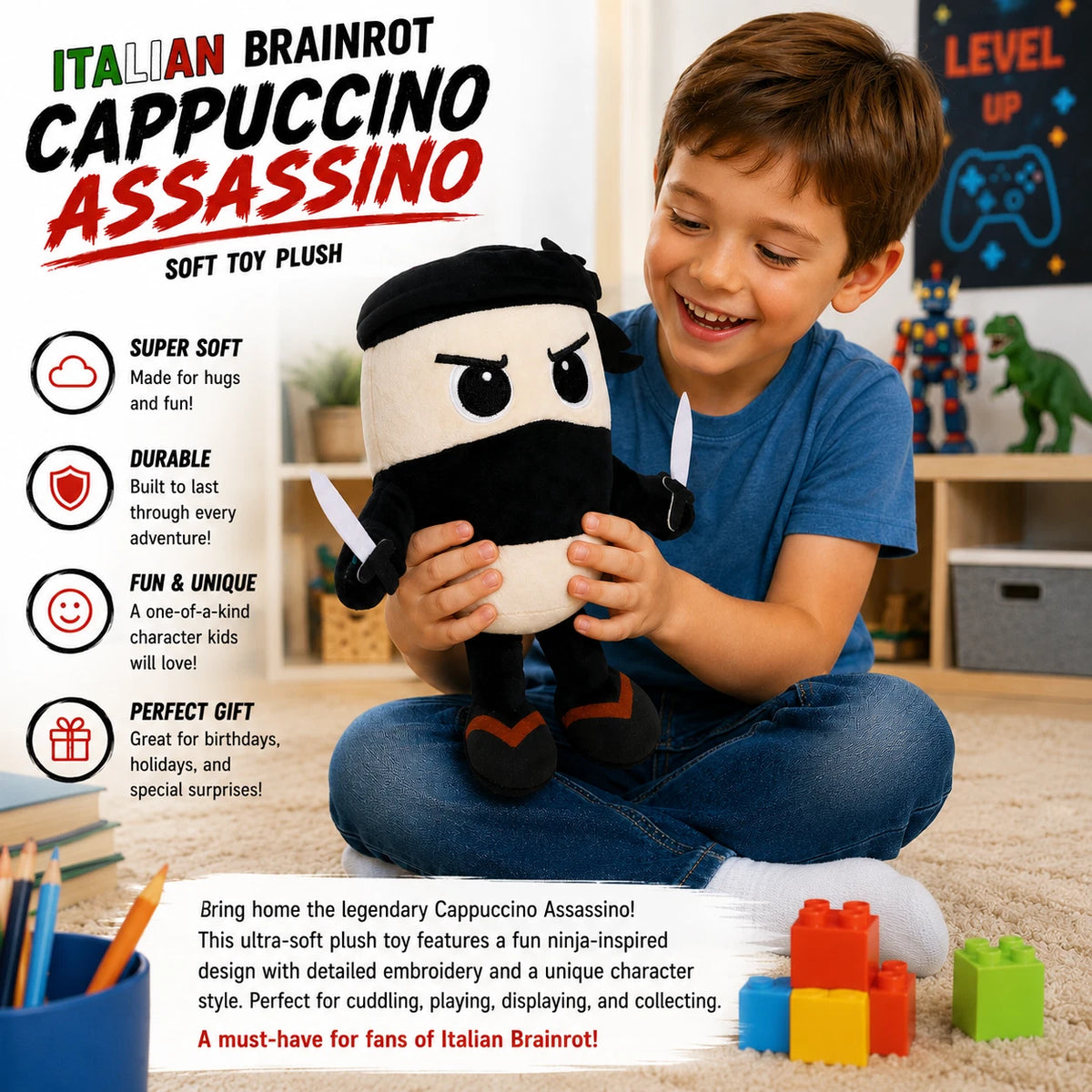 Italian Brainrot Plush - Cappuccino Assassino - Cute Stuffed Figure Doll for Kids and Adults Inspired Plush Toy