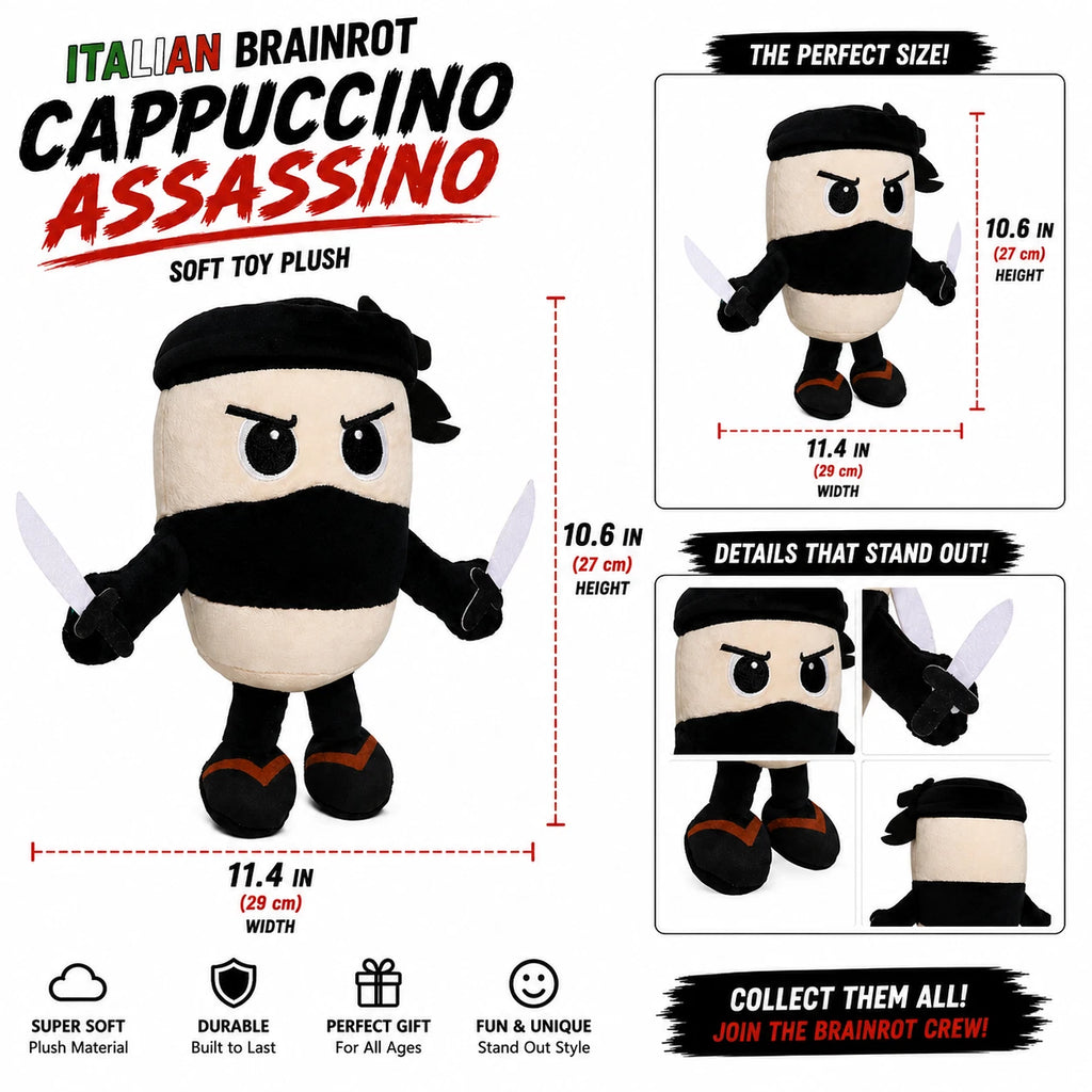 Italian Brainrot Plush - Cappuccino Assassino - Cute Stuffed Figure Doll for Kids and Adults Inspired Plush Toy