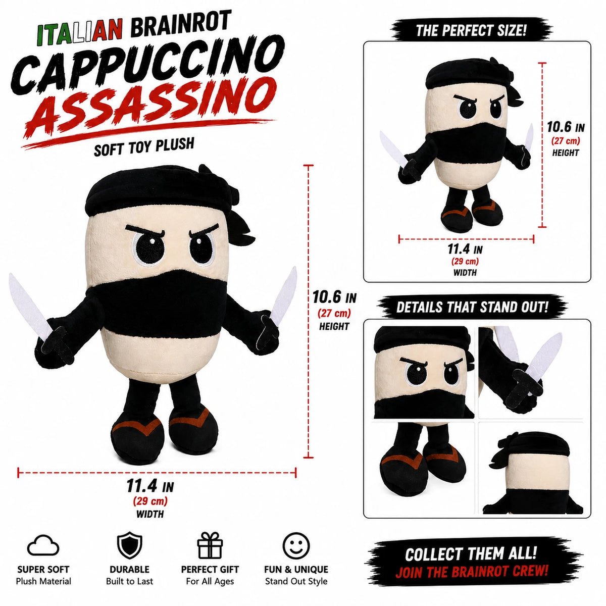 Italian Brainrot Plush - Cappuccino Assassino - Cute Stuffed Figure Doll for Kids and Adults Inspired Plush Toy