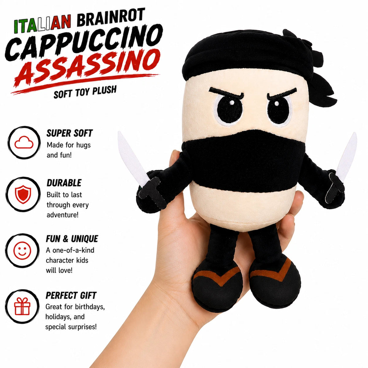 Italian Brainrot Plush - Cappuccino Assassino - Cute Stuffed Figure Doll for Kids and Adults Inspired Plush Toy