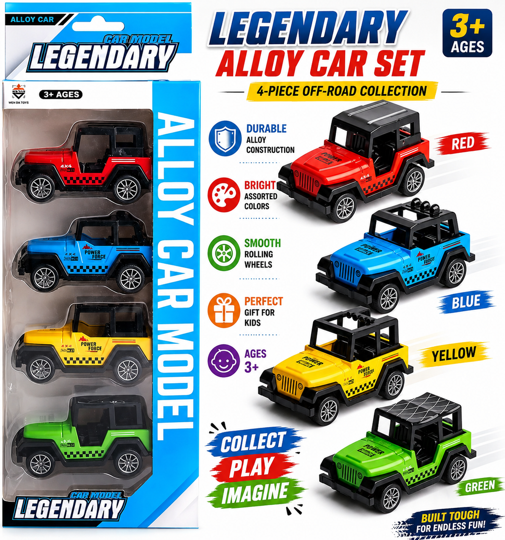 4-Pack 4x4 Off-Road SUV Toy Cars - Mini Pull Back Truck Vehicles Set - Jeep-Like Styling for Kids & Toddlers - Party Favors and Birthday Gifts