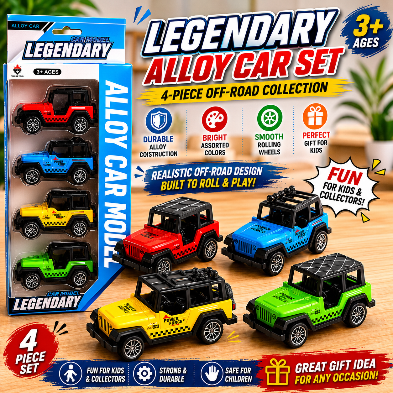 4-Pack 4x4 Off-Road SUV Toy Cars - Mini Pull Back Truck Vehicles Set - Jeep-Like Styling for Kids & Toddlers - Party Favors and Birthday Gifts