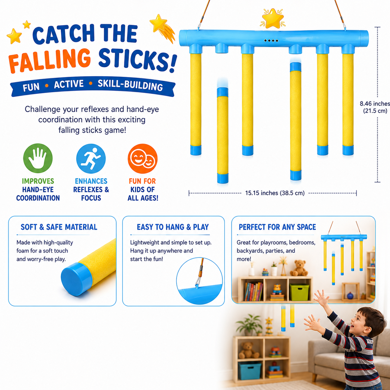 Reflex Drop Sticks Challenge Game - Hand Eye Coordination Training Toy - Reaction Time Training - Hand Speed Challenge Games - Adjustable Speed Catching Sticks Game