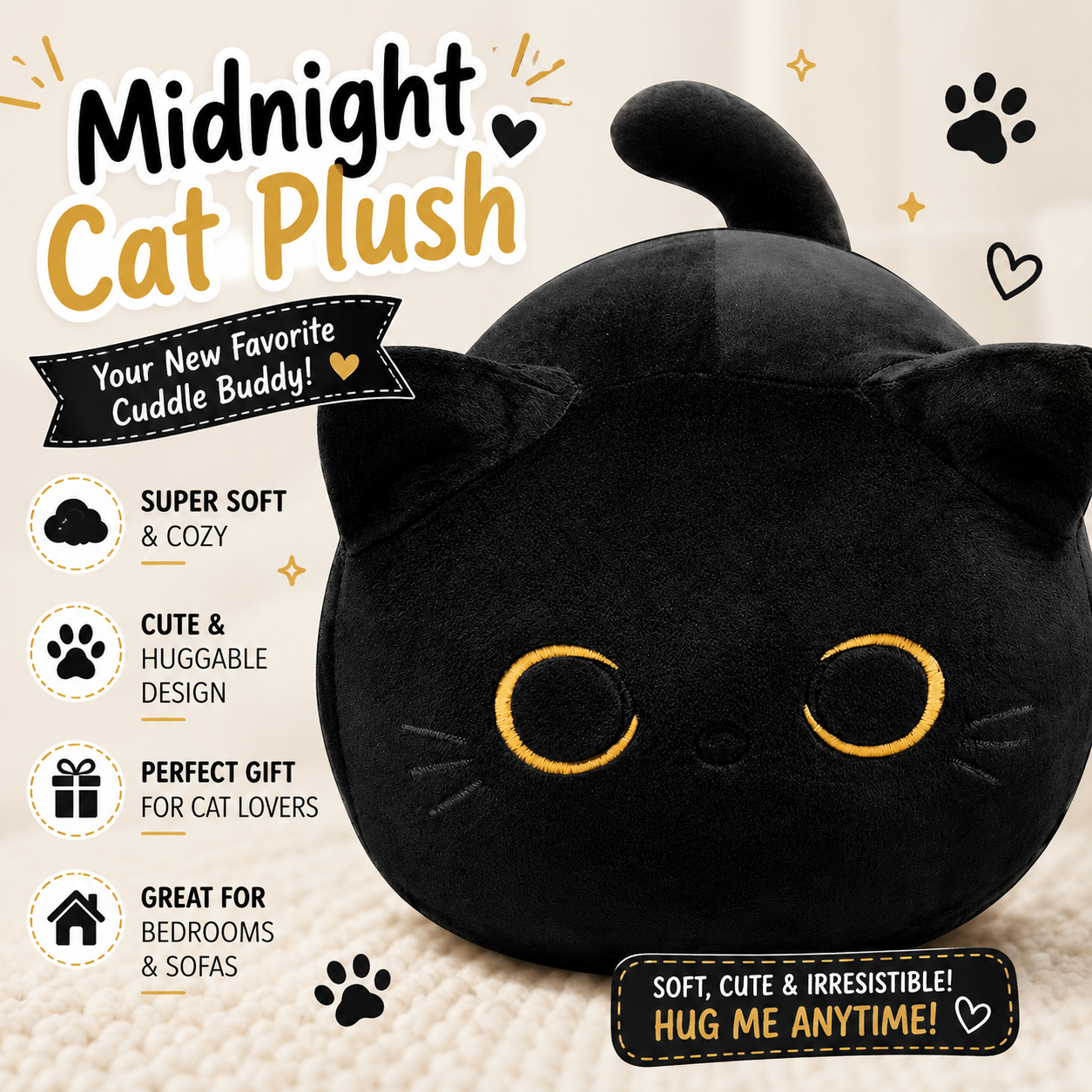 Soft Black Cat Plush Toy Pillow - Stuffed Animal for Kids, Boys & Girls Gifts