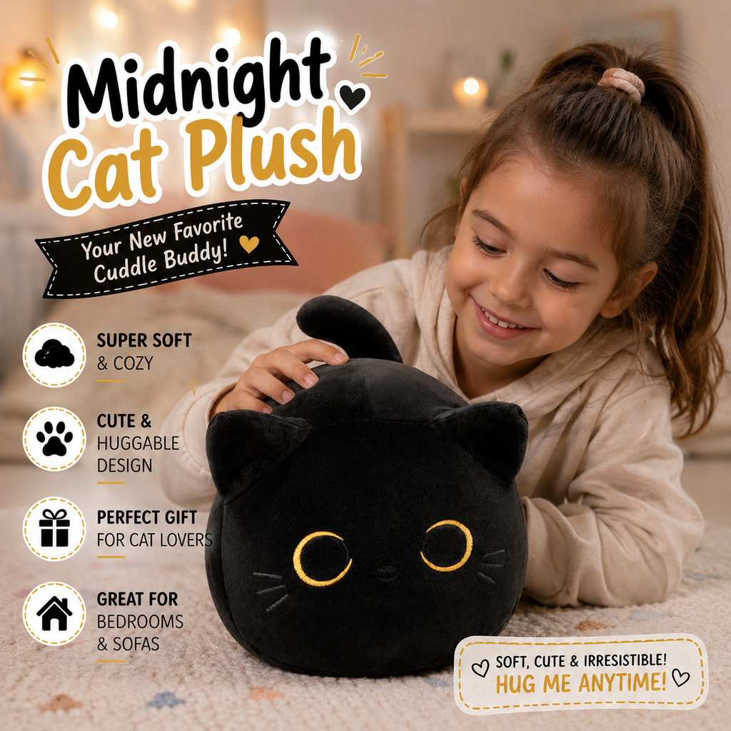 Soft Black Cat Plush Toy Pillow - Stuffed Animal for Kids, Boys & Girls Gifts