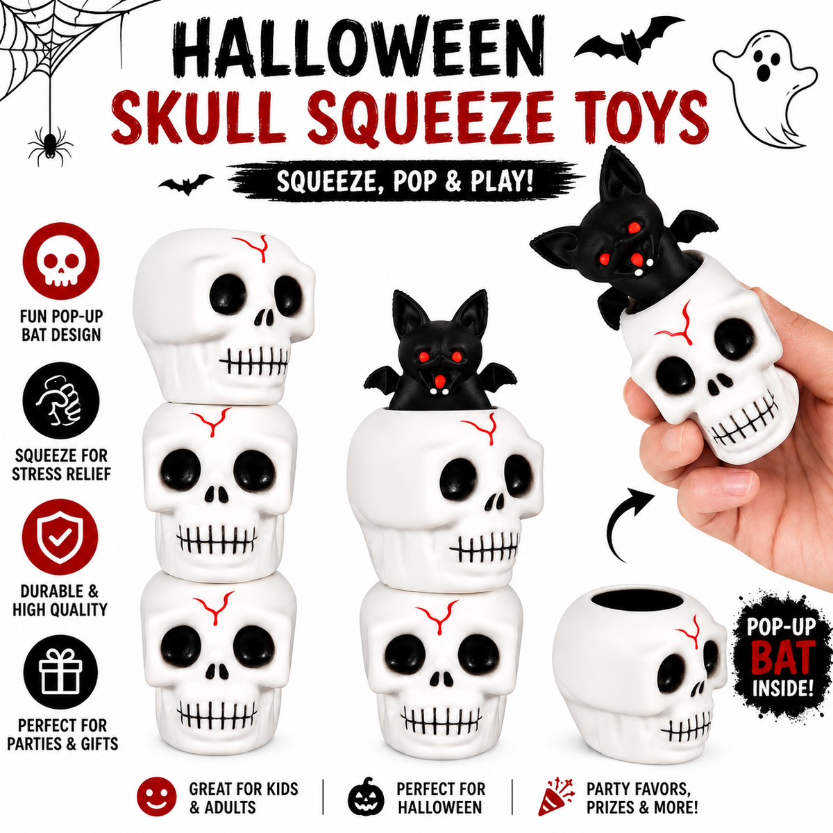 6Pcs Halloween Skull Stress Balls-Skull Squeeze Toy with Relieves Stress