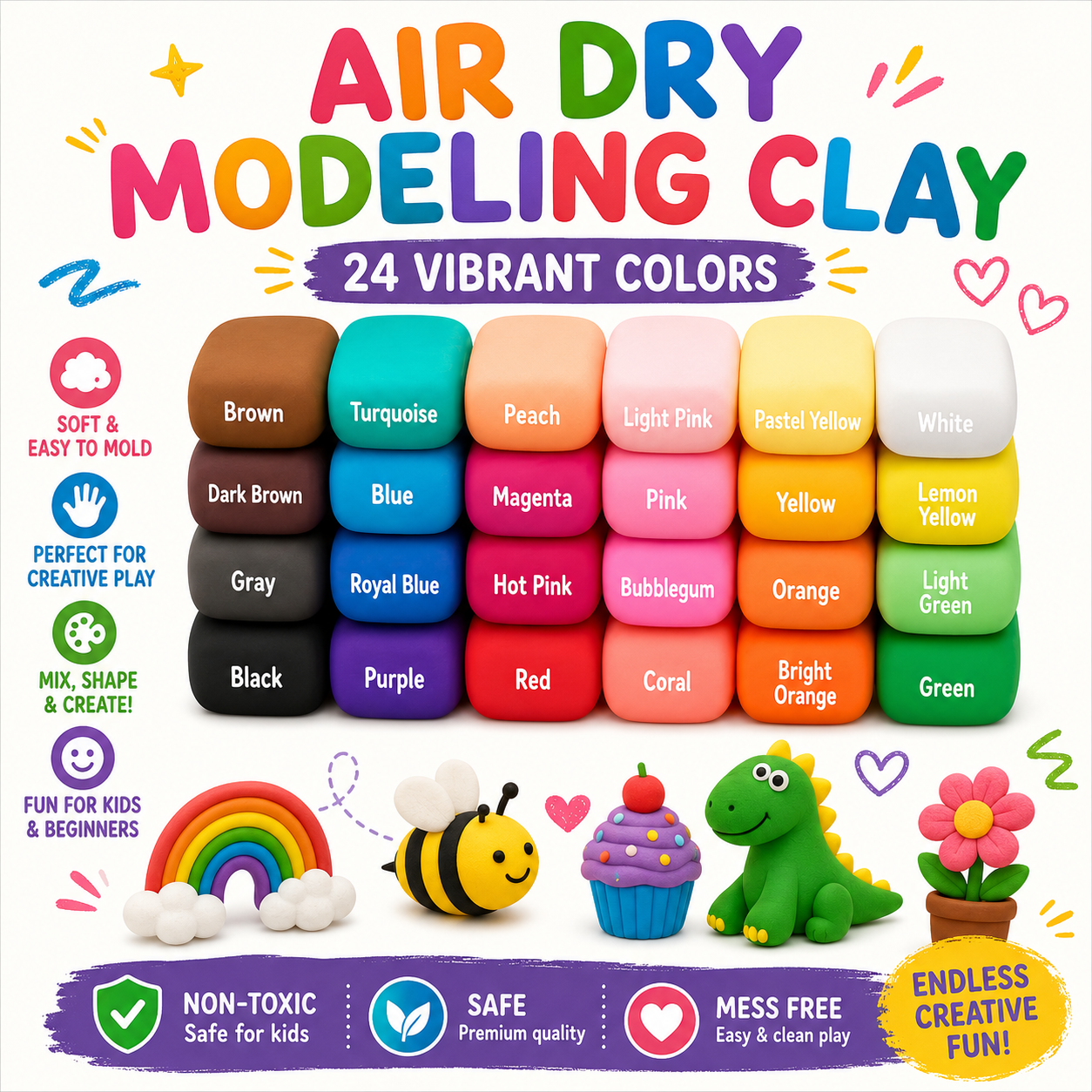 Air Dry Clay 24 Colors - Modeling Clay for Kids - DIY Molding Magic Clay - Toy Gifts for Age 3+ Years Old Boys Girls Kids