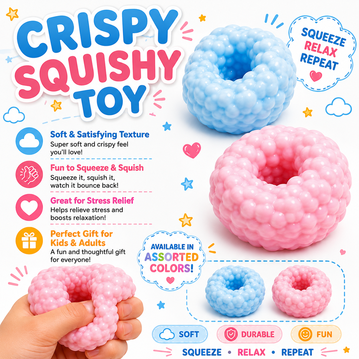 2 Pcs Crunchy Noisy Stress Balls - Ice Skin Crunchy Squishy Balls - Soft Moldable Squeeze Balls for Home Office or Travel for Adults