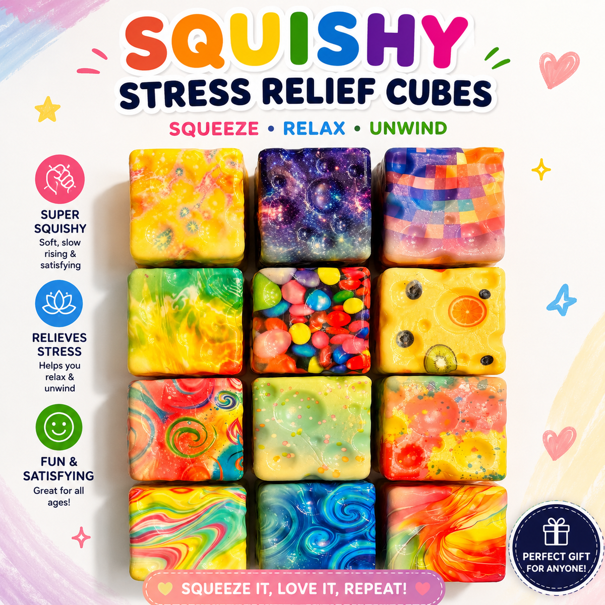Squishy Cube Toy - Slow Rising Sensory Fidget Cube - Soft Stress Relief Squeeze Toy for Kids and Adults
