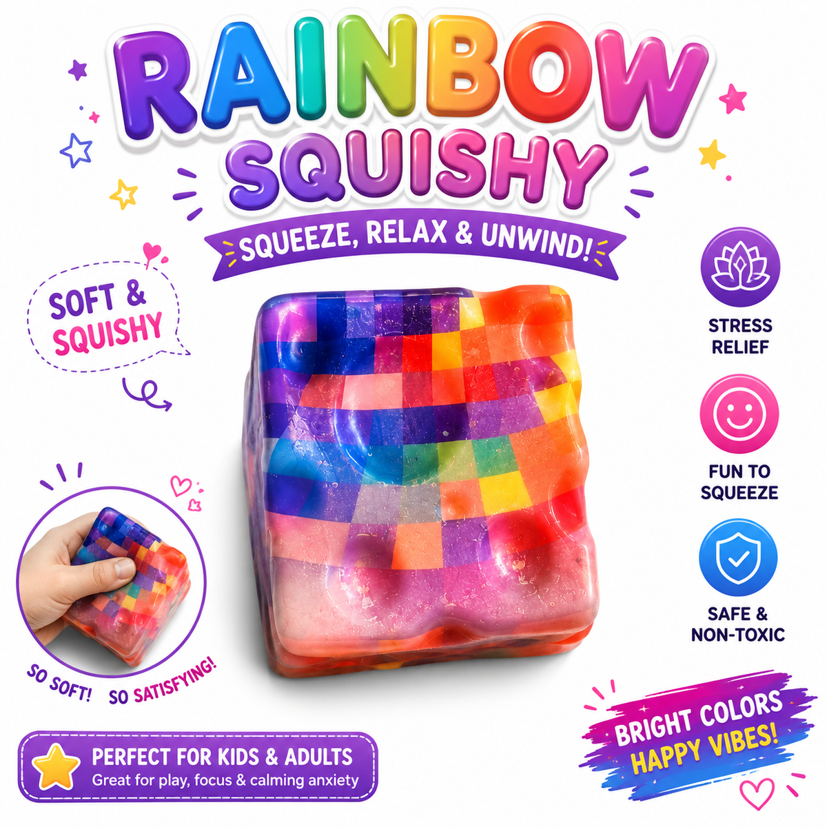 Squishy Cube Toy - Slow Rising Sensory Fidget Cube - Soft Stress Relief Squeeze Toy for Kids and Adults