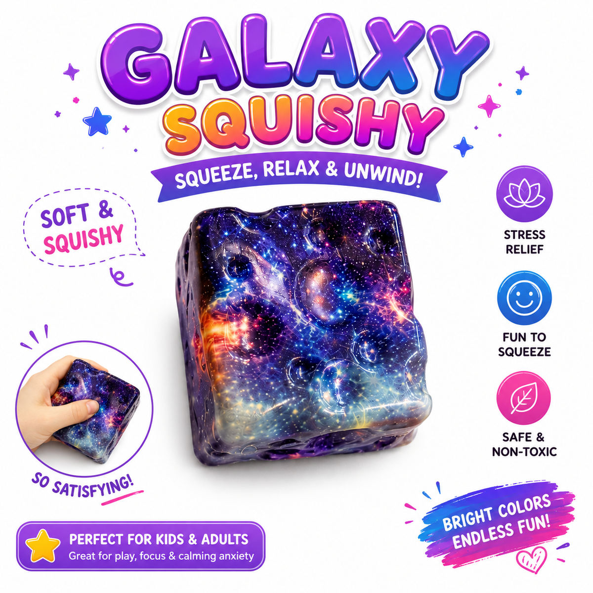 Squishy Cube Toy - Slow Rising Sensory Fidget Cube - Soft Stress Relief Squeeze Toy for Kids and Adults