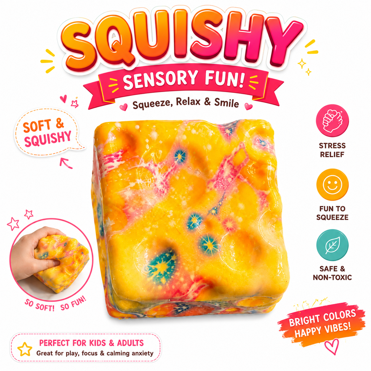 Squishy Cube Toy - Slow Rising Sensory Fidget Cube - Soft Stress Relief Squeeze Toy for Kids and Adults