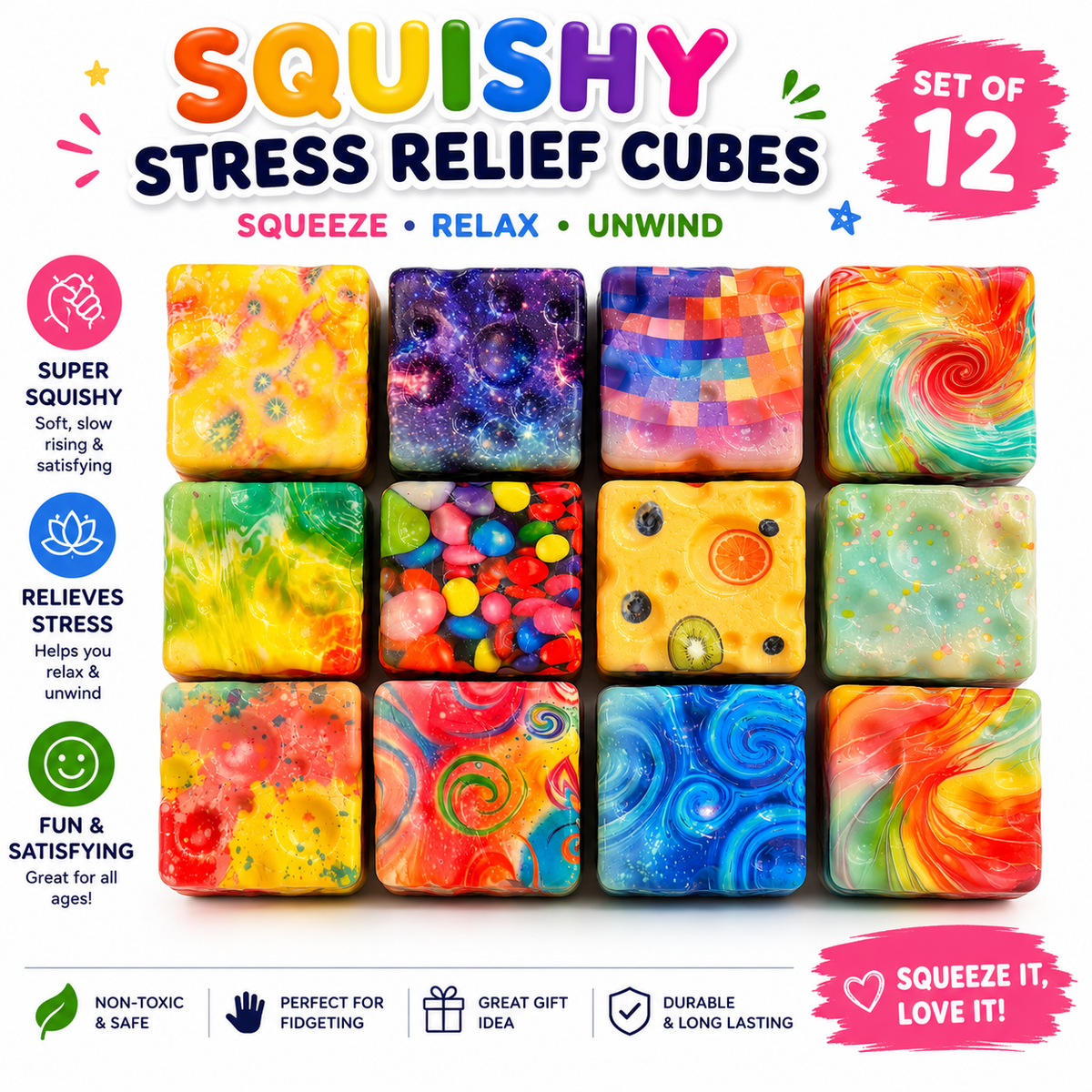 Squishy Cube Toy - Slow Rising Sensory Fidget Cube - Soft Stress Relief Squeeze Toy for Kids and Adults