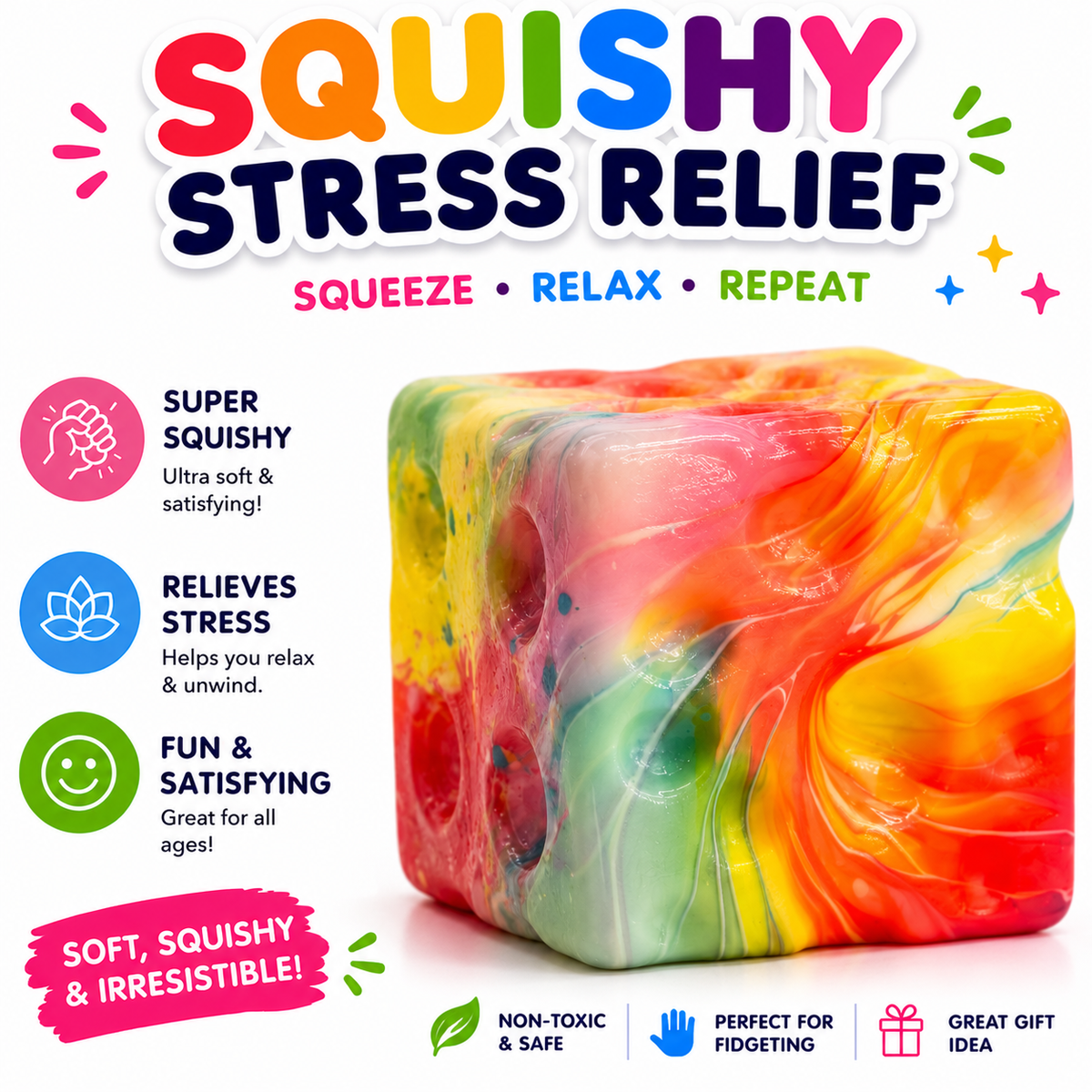 Squishy Cube Toy - Slow Rising Sensory Fidget Cube - Soft Stress Relief Squeeze Toy for Kids and Adults