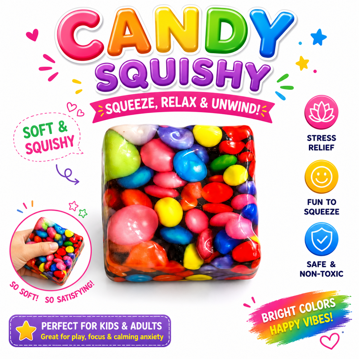 Squishy Cube Toy - Slow Rising Sensory Fidget Cube - Soft Stress Relief Squeeze Toy for Kids and Adults