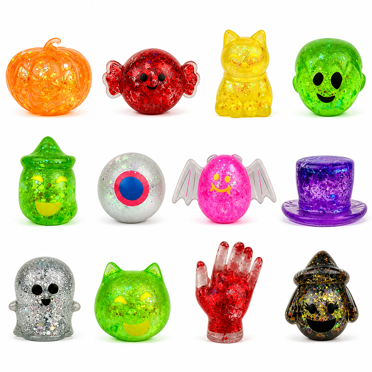 12 Pack Halloween Stress Balls Glitter Squishy Squeeze Toys Sensory Fidget Toys for Kids Stress Relief Halloween Party Favors Halloween Treat Bags Gifts