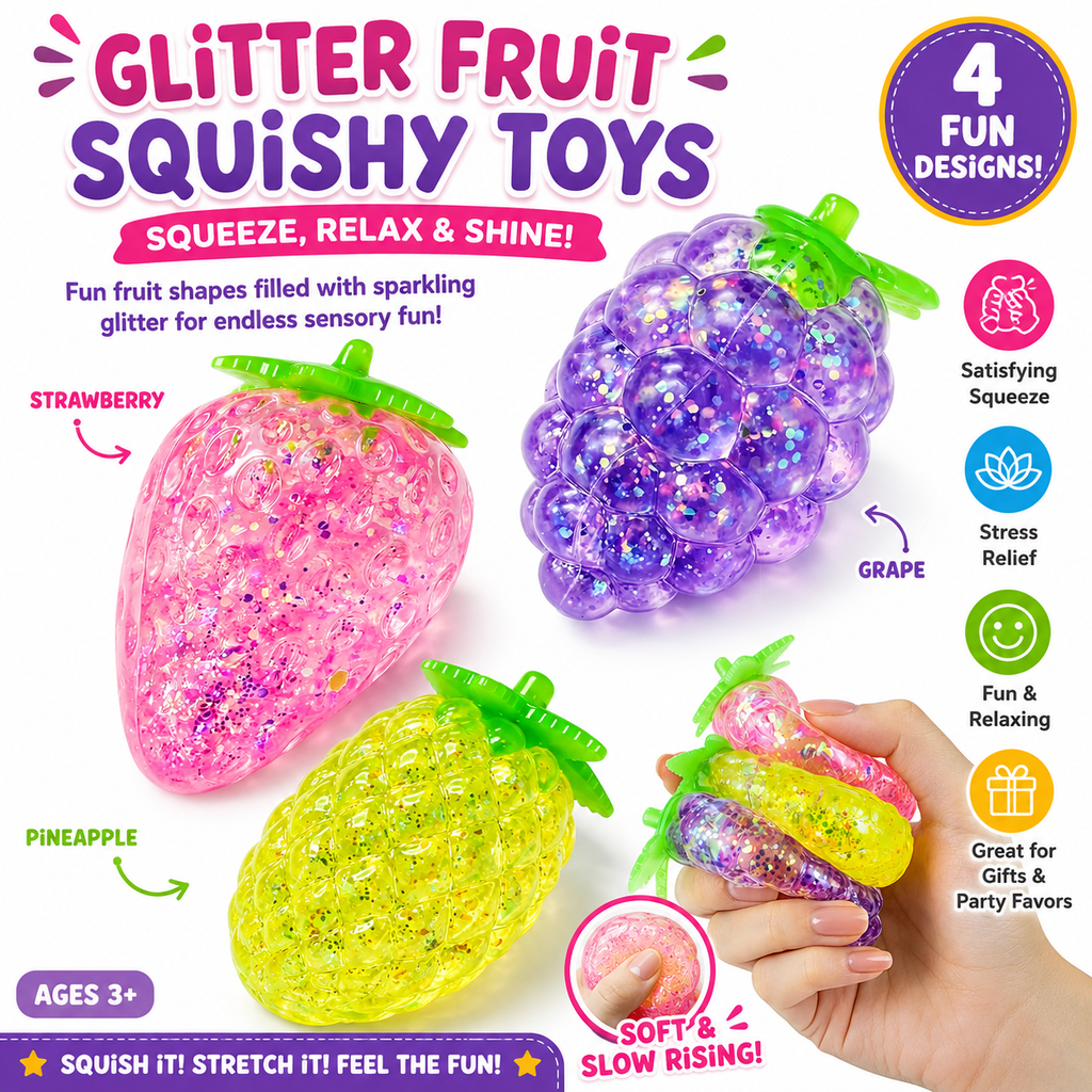 3pc Fruit Squishy Stress Balls - Glitter Squishies Fruit Squishy Pack - Pineapple - Strawberry - Grapes Cute Sensory Fruit Squishies Toys for Birthday Gifts - Ideal for Relax, Focus - Party Favors