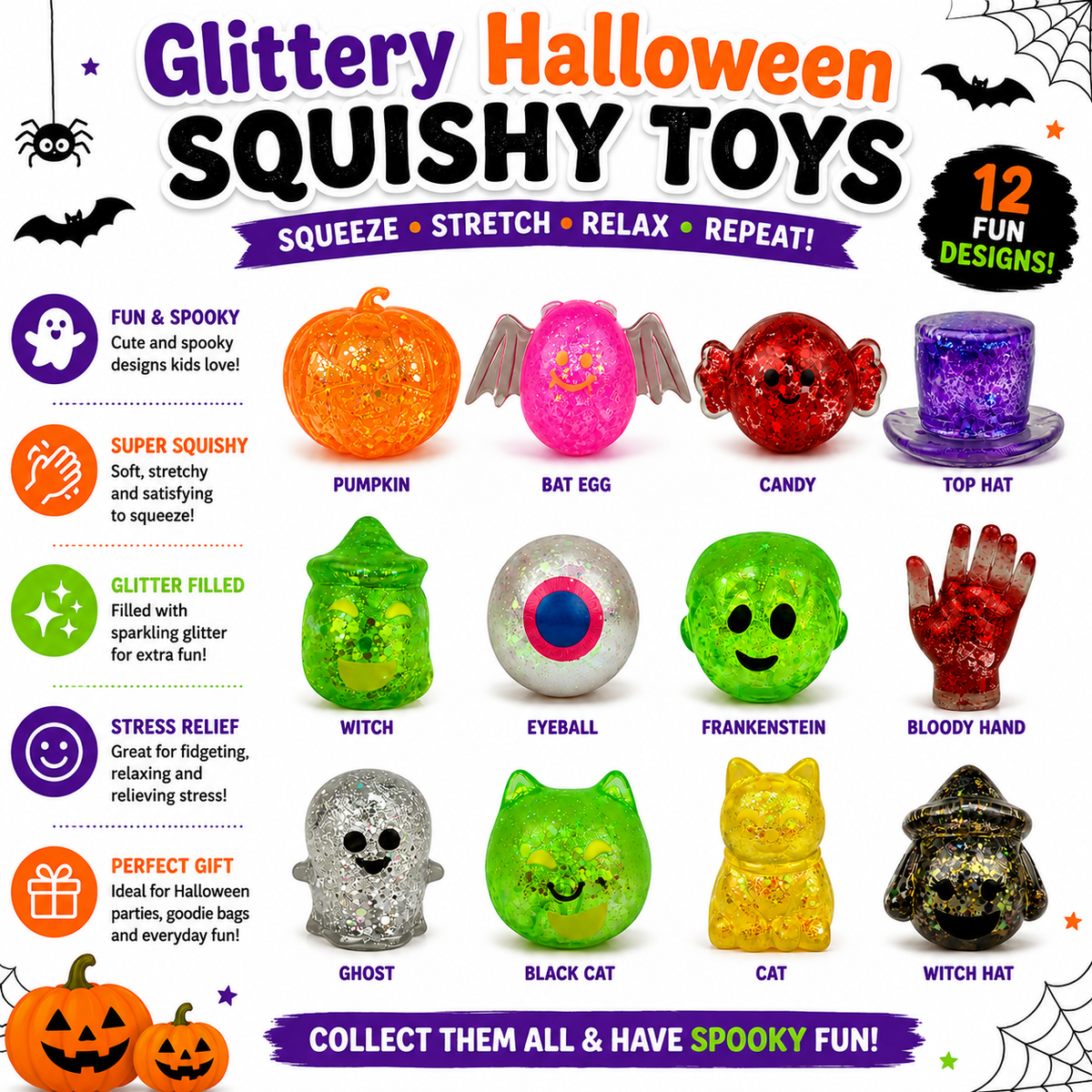 12 Pack Halloween Stress Balls Glitter Squishy Squeeze Toys Sensory Fidget Toys for Kids Stress Relief Halloween Party Favors Halloween Treat Bags Gifts