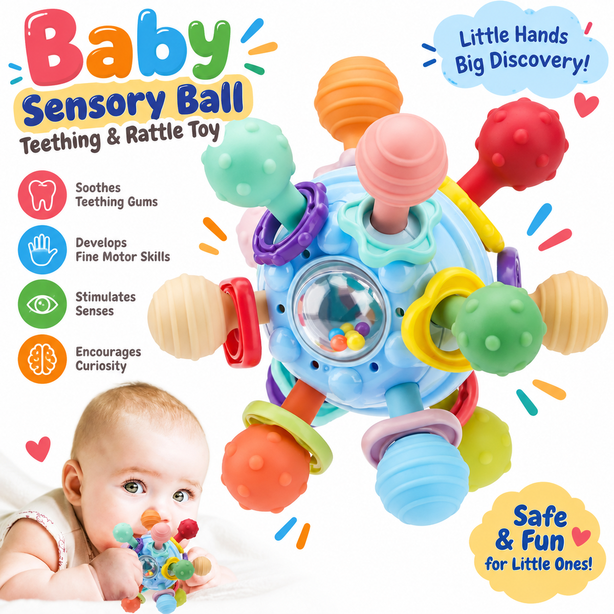 Baby Montessori Sensory Teething Toy 0-6 6-12 Months - Teether Ball & Rattle