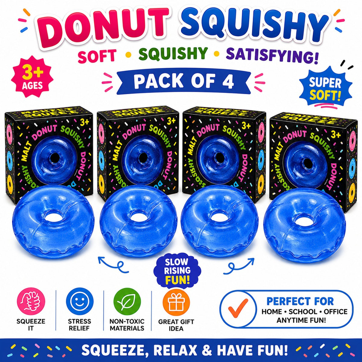 Donut Squishy Toy – Blue Soft Slow Rising Stress Relief Sensory Fidget Squeeze Toys for Kids & Adults - Squishy Donut Set
