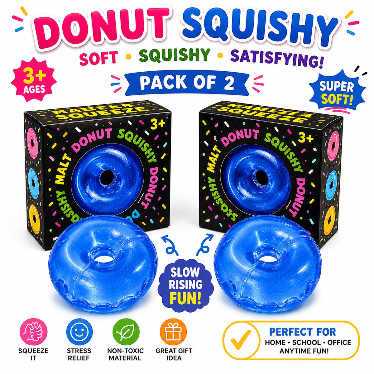 Donut Squishy Toy – Blue Soft Slow Rising Stress Relief Sensory Fidget Squeeze Toys for Kids & Adults - Squishy Donut Set