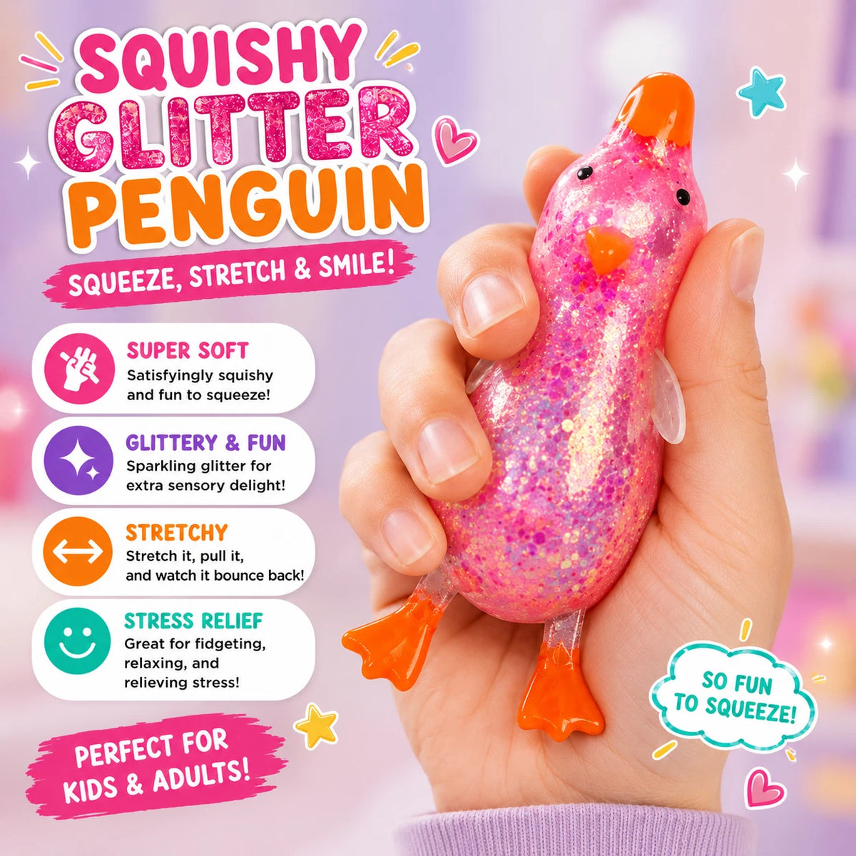 Cute Duck Squishy Sugar Stress Ball - Soft Duck Stress Relief Sugar Ball Toys and Moldable Slow Rise Relaxing Sensory Fidget Stress for Anxiety Relief(Pink)